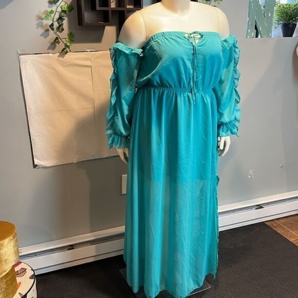 Cupshe Sexy Boho Off shoulder Beach Style ruffles split Turquoise‎ L RefCPS086 - Picture 10 of 13